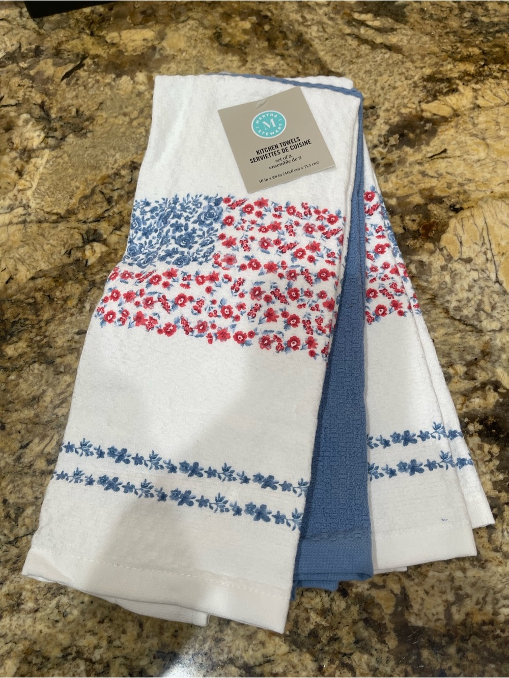 Martha Stewart Floral red white & blue flag kitchen dish towel trio -Brand new!